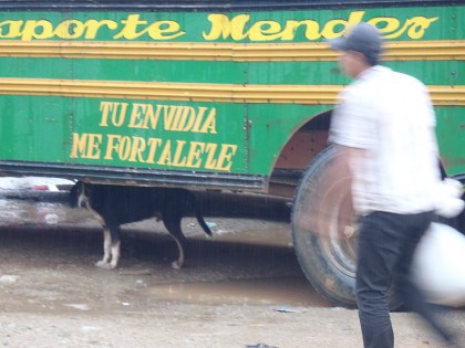 Chicken bus in Nicaragua, dog & message