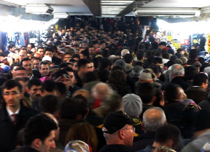 Crowded underground walkway near Galata Bridge
